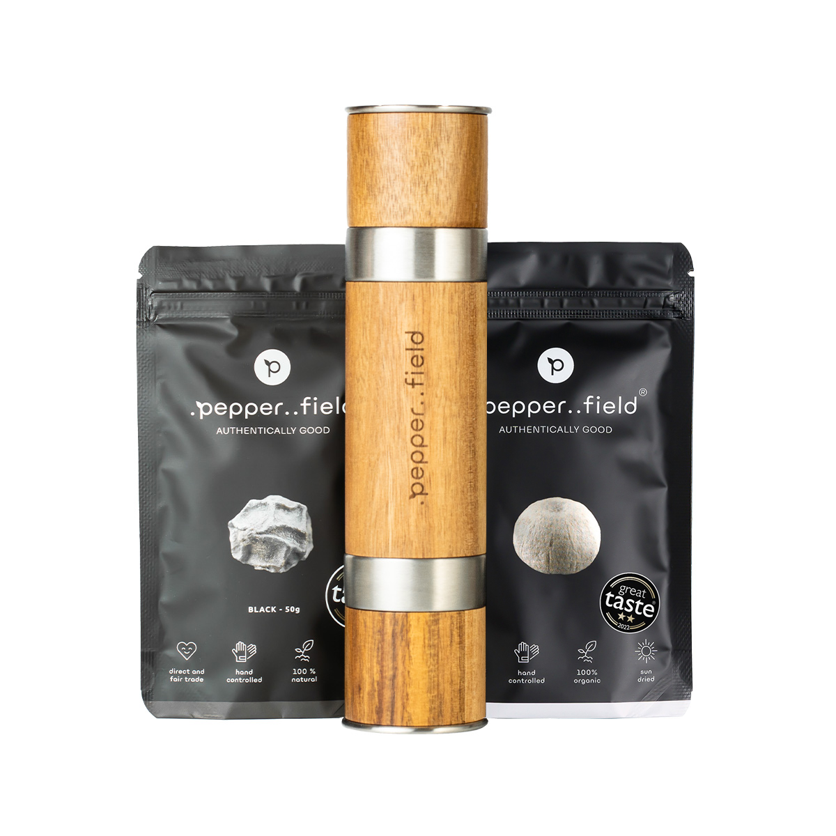 Dual grinder Duomill + 2x50g of black and white campotic pepper of your choice